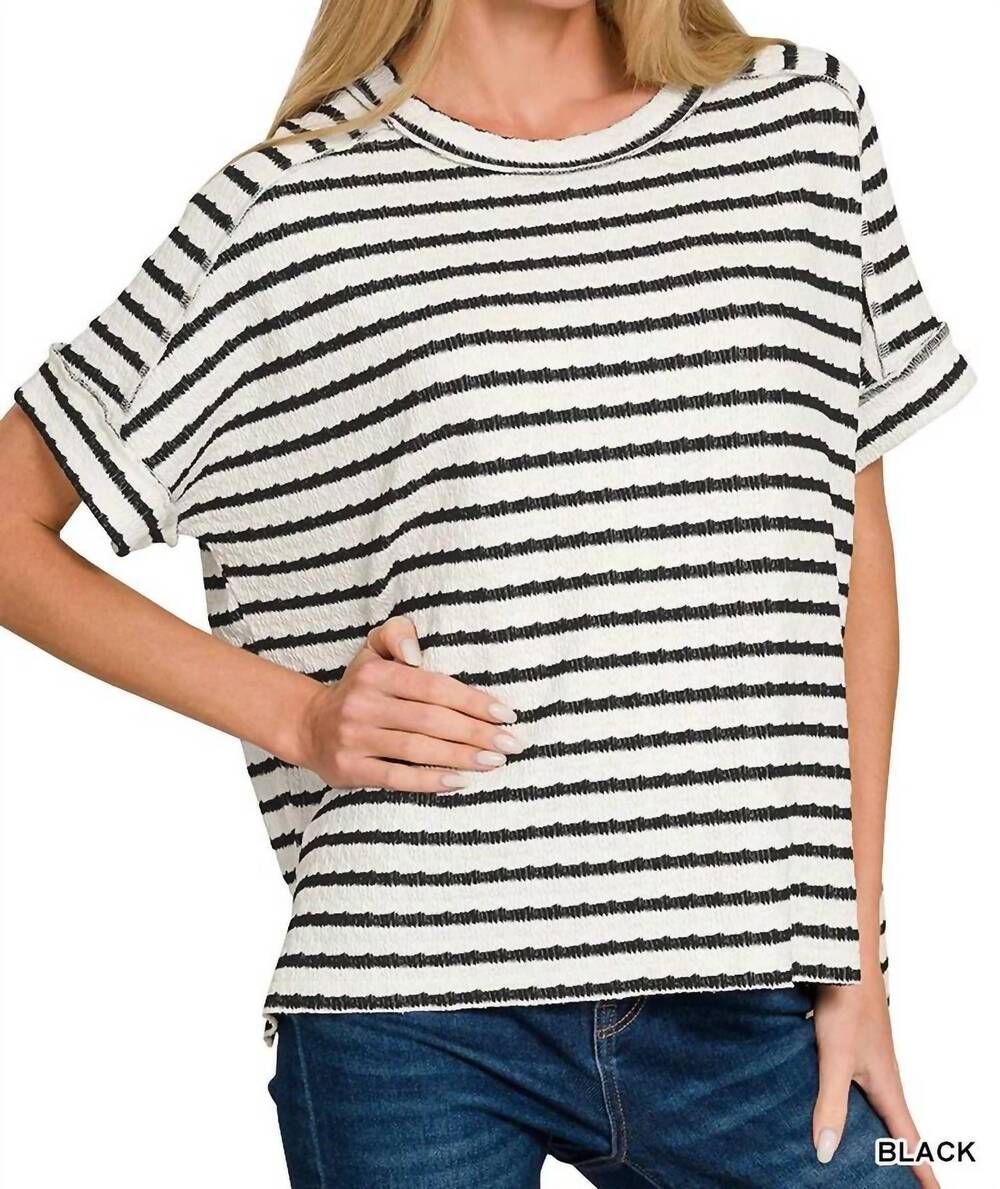 NEW ZENANA striped short sleeve top in black